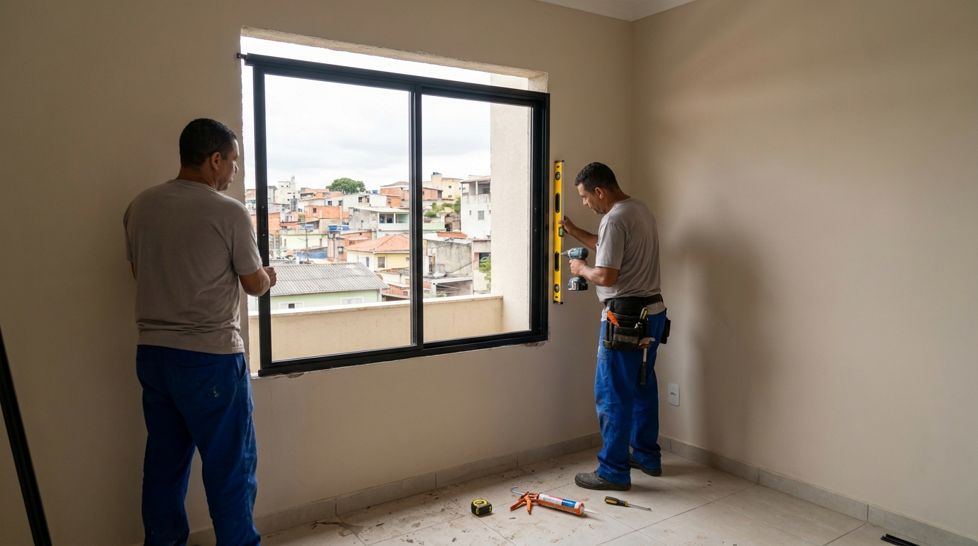 Esquadria de alumínio em quarto bege em Cascavel-PR