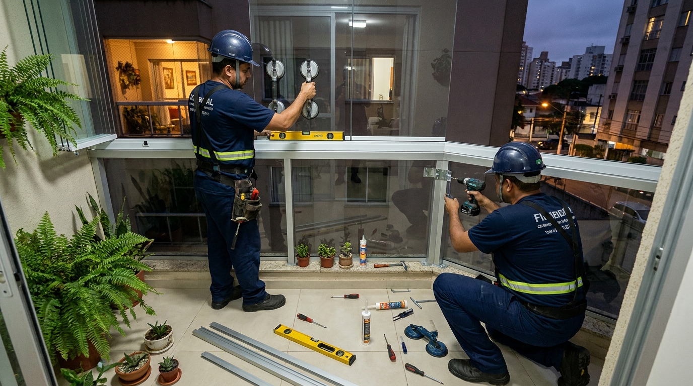 Instalação noturna de parede de vidro em Cascavel-PR
