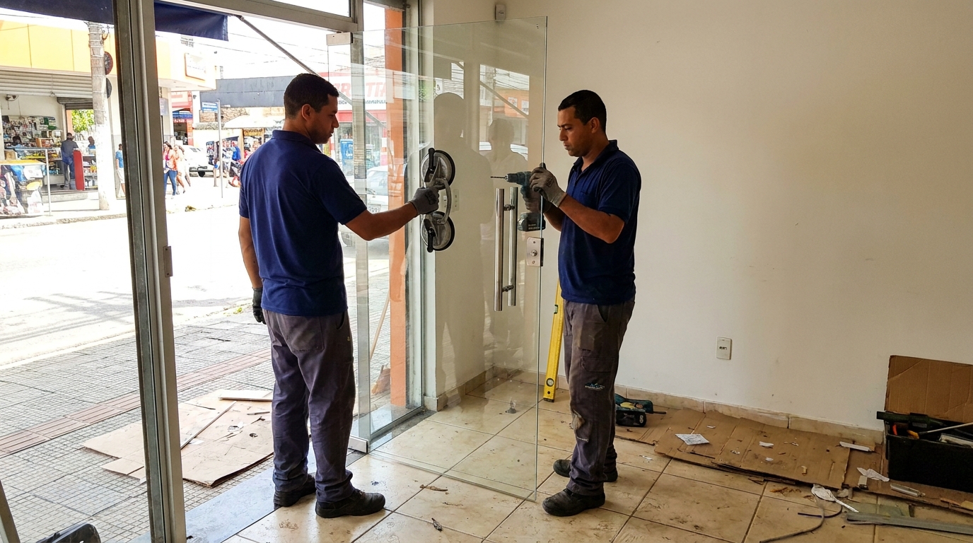 Porta de vidro de loja em rua movimentada em Cascavel-PR